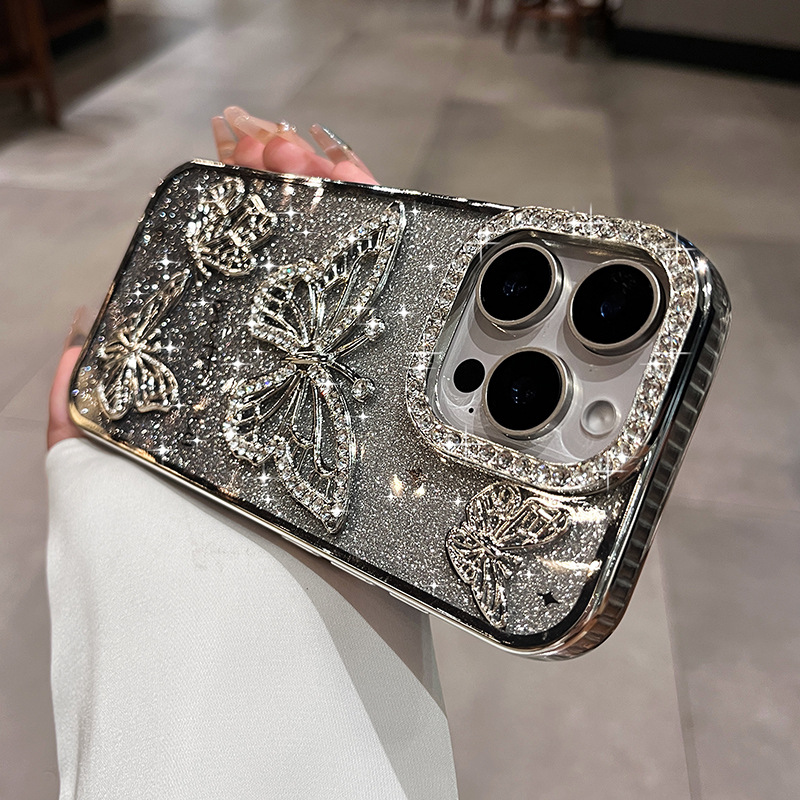  Luxury Bling Diamond Transparent Ins Butterfly Case for iPhone 16 15 14 13 Series
