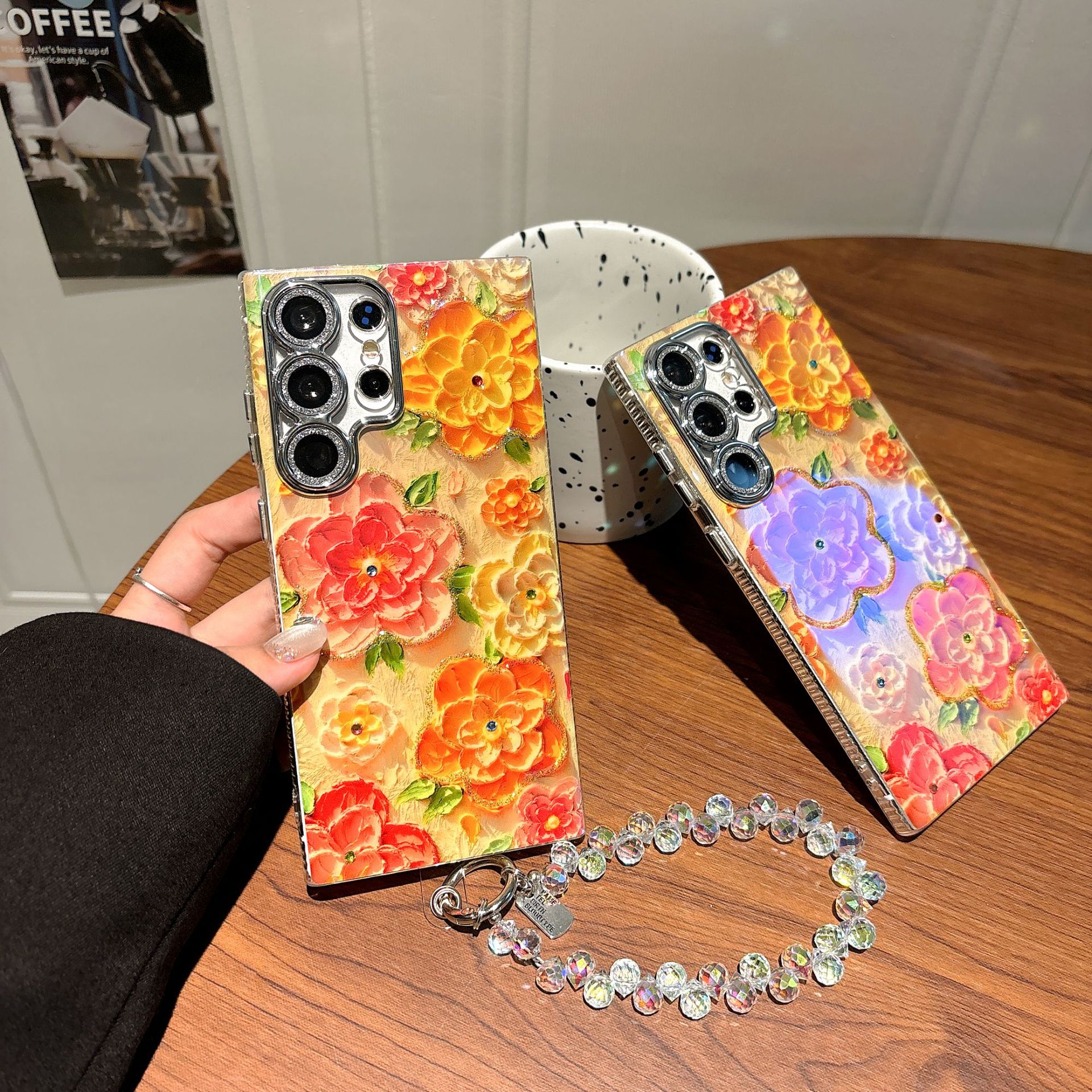 Ins Hot Oil Painting Flower Phone Case with Lens Protector Film