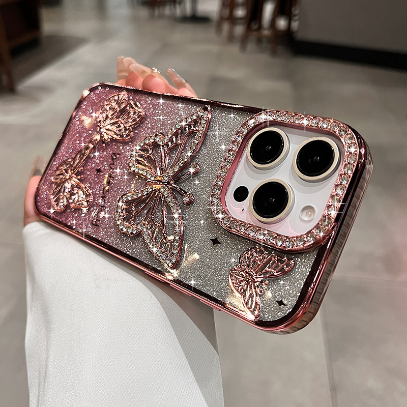  Luxury Bling Diamond Transparent Ins Butterfly Case for iPhone 16 15 14 13 Series