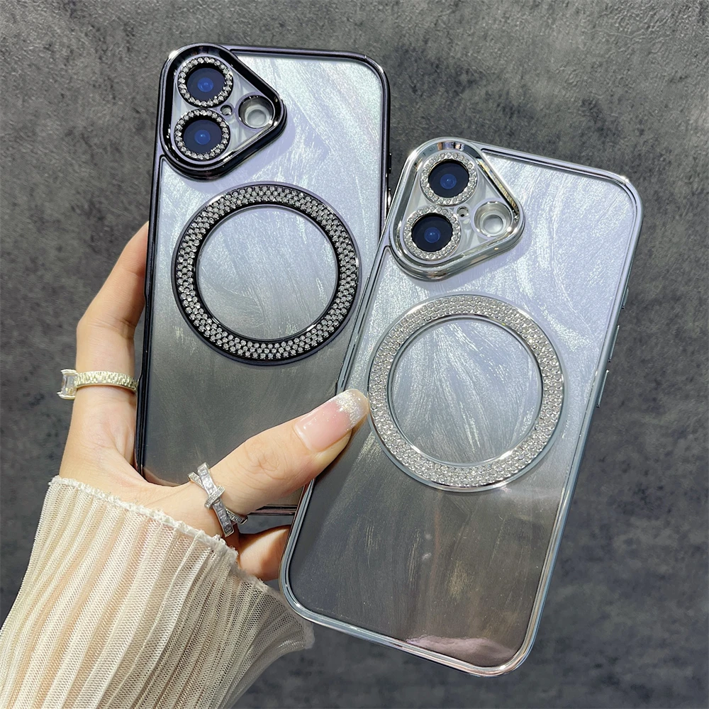 Luxury Diamond Feather Patterned Magnetic Wireless Charge Case For iPhone 16 15 14 13 12 11 Series