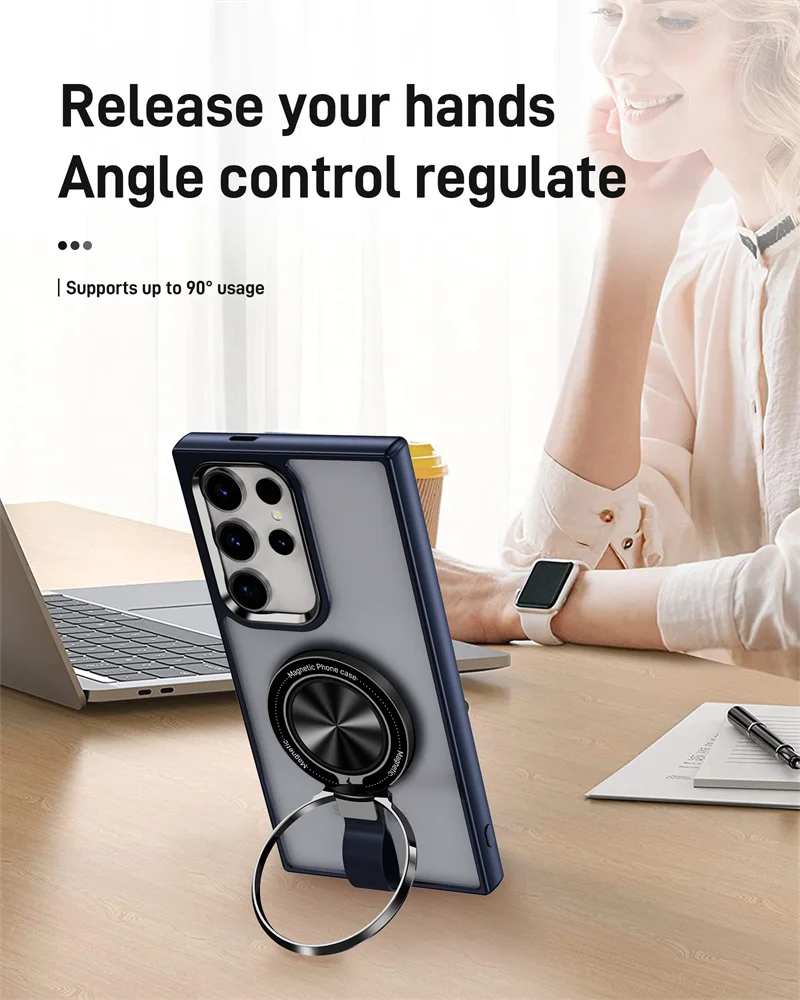 Skin Feel Transparent Finger Holder Strape Case With Magnetic Wireless Charge Support For Samsung Galaxy S24 Ultra Plus