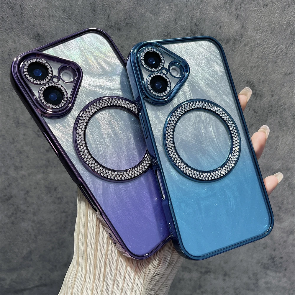 Luxury Diamond Feather Patterned Magnetic Wireless Charge Case For iPhone 16 15 14 13 12 11 Series