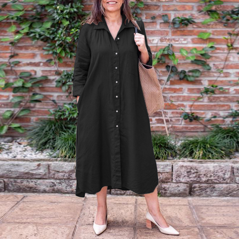 2024 Ladies Shirt Collar Long Sleeve Elegant Simple Loose Cardigan Long Pocket Dress