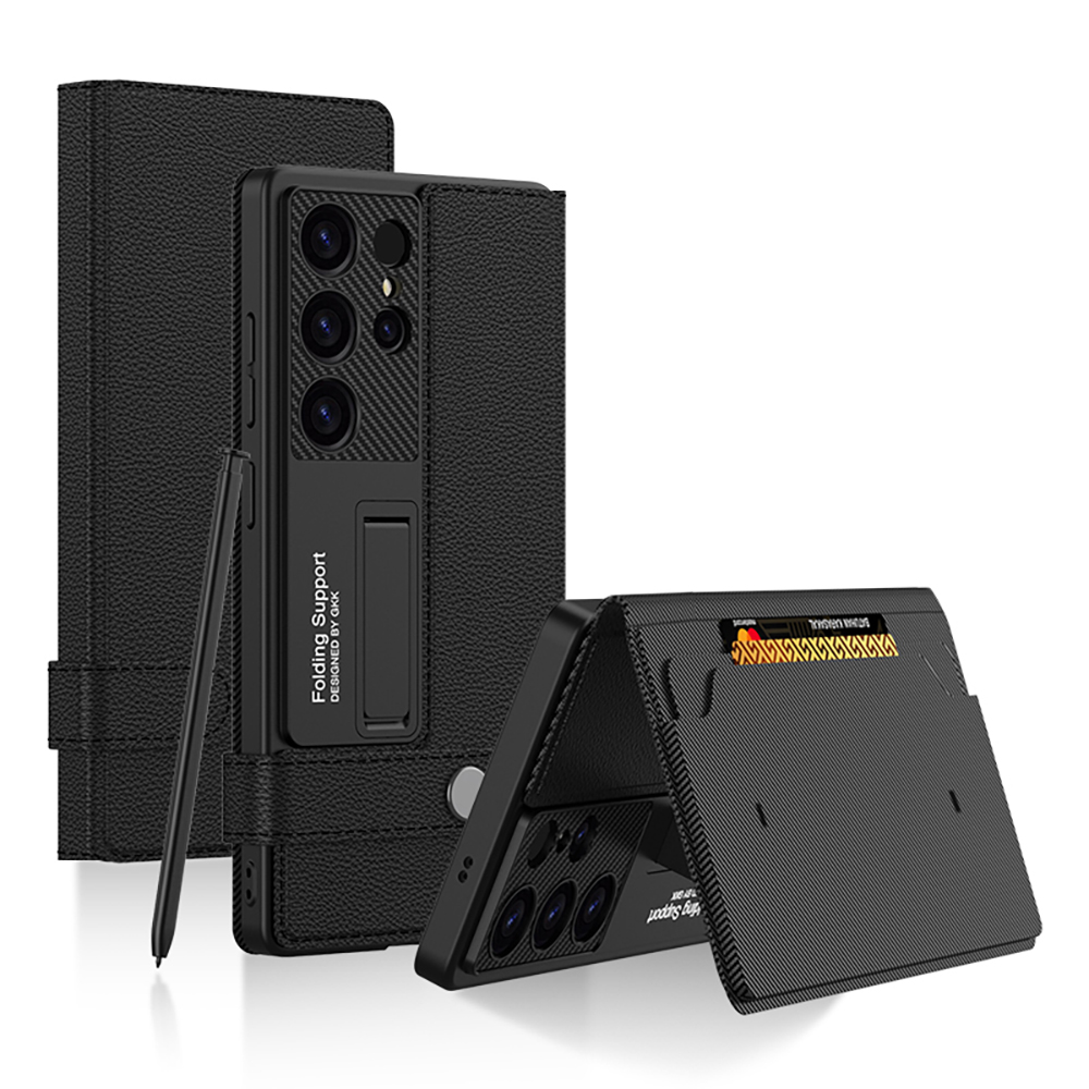 Carbon Fiber Bracket Shockproof Leather Wallet Phone Case For Samsung Galaxy S25/S24/S23 Ultra