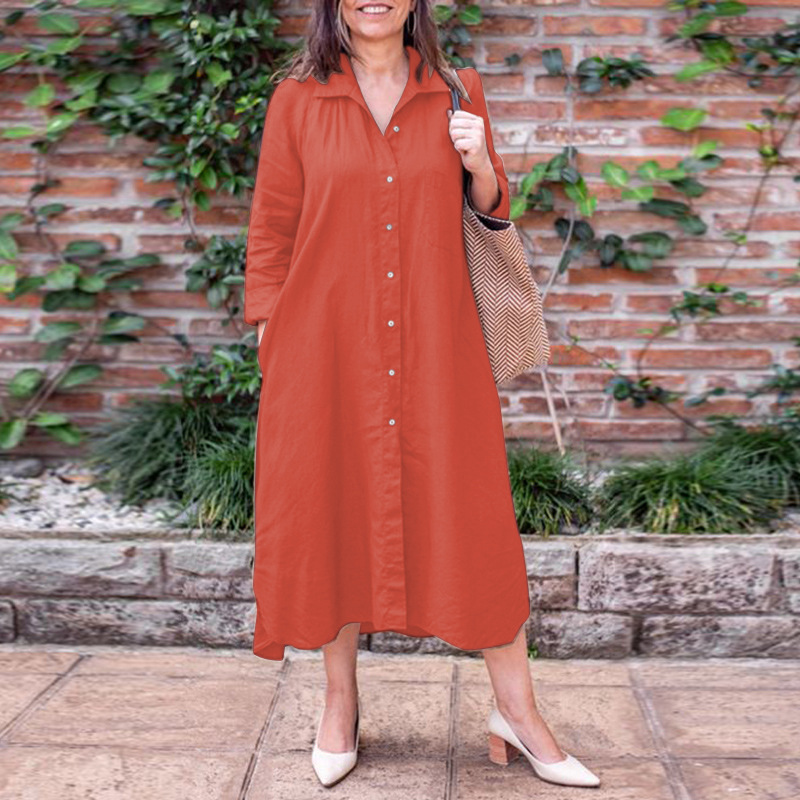 2024 Ladies Shirt Collar Long Sleeve Elegant Simple Loose Cardigan Long Pocket Dress