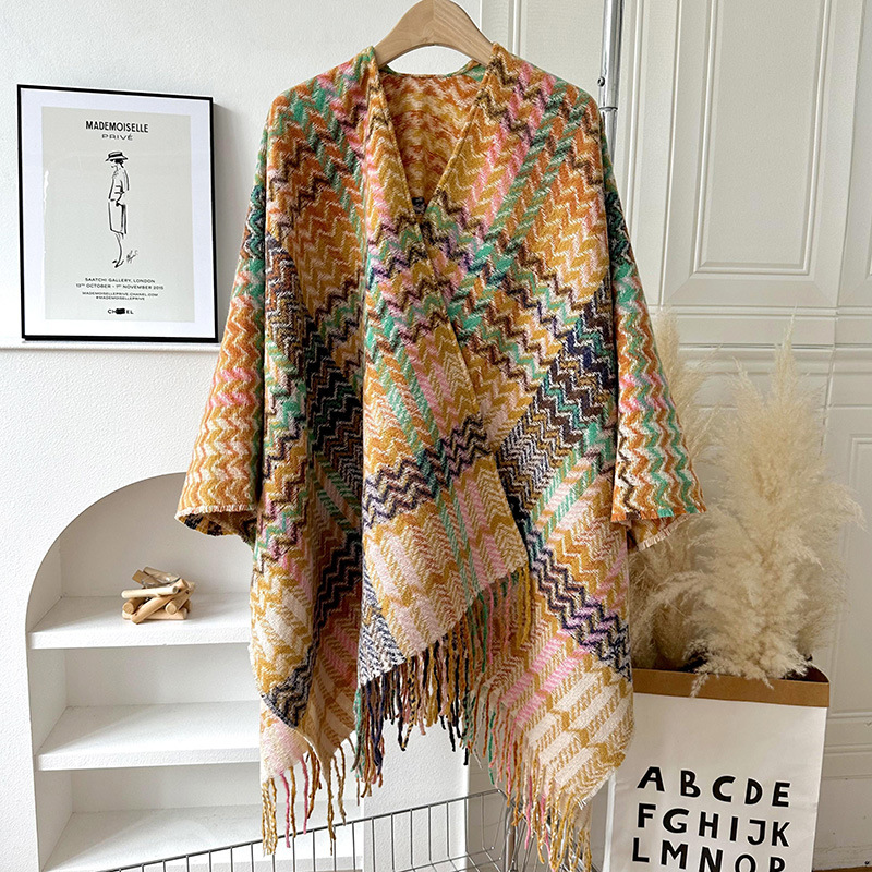 Women's plaid thickened warm sleeve knitted shawl