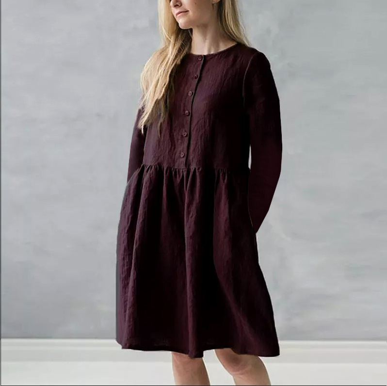 2024 Women's Fashion Casual Round Neck Pocket Button Cotton and Linen Dress