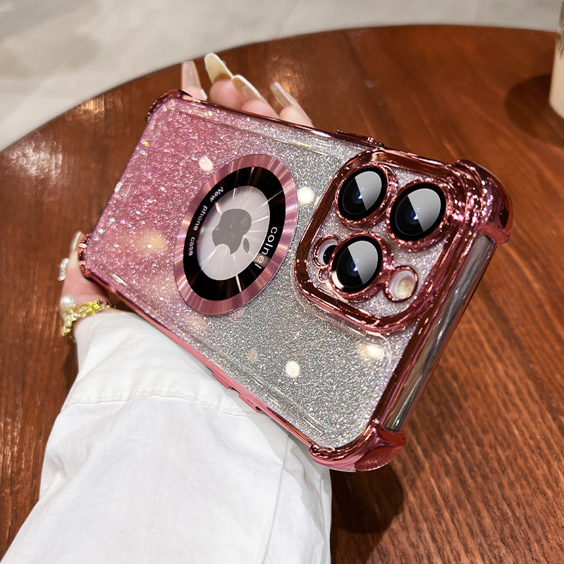 Applicable to iPhone16PRO electroplating four-corner lens film mobile phone case Apple 15 glitter magnetic bracket protective cover