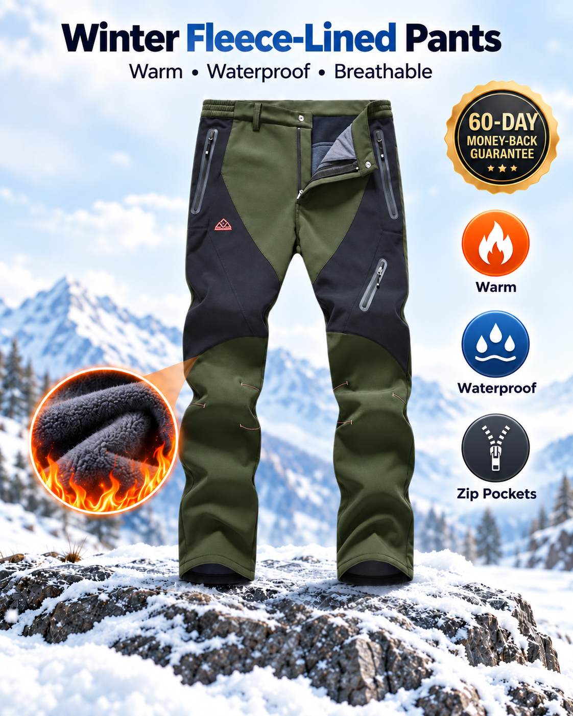 Men's Waterproof Pants Insulated Cold weather Hiking Winter Snow Ski Softshell Outdoor Pants