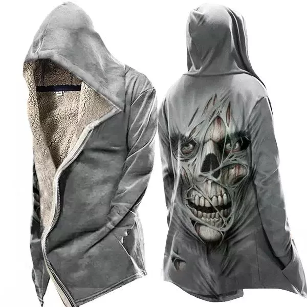 Mens Vintage Skull Print Tactical Zip Up Hooded Fleece Jacket