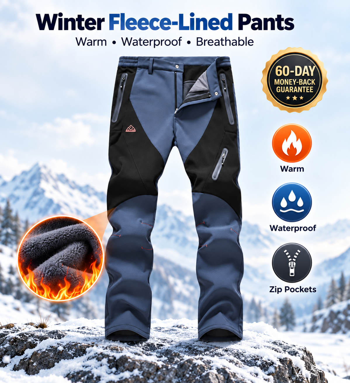 Men's Waterproof Pants Insulated Cold weather Hiking Winter Snow Ski Softshell Outdoor Pants