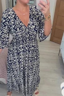 Bohemian Casual Print V-neck Waist Wrap Long Dress