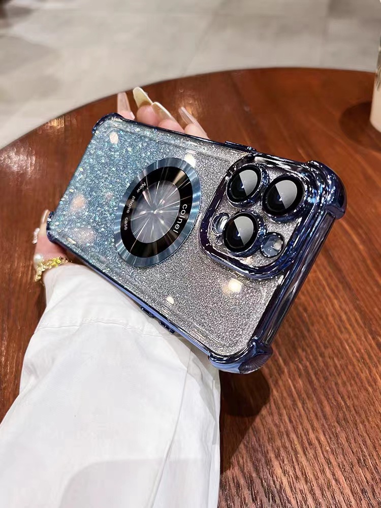 Applicable to iPhone16PRO electroplating four-corner lens film mobile phone case Apple 15 glitter magnetic bracket protective cover