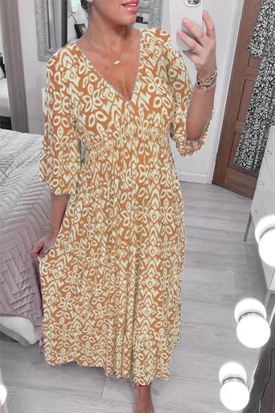 Bohemian Casual Print V-neck Waist Wrap Long Dress