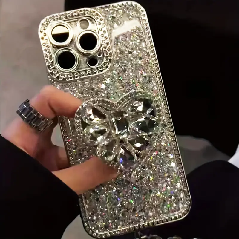 High-End Glittering Drop Tape Rhinestone Heart Stand Phone Case For iPhone Series