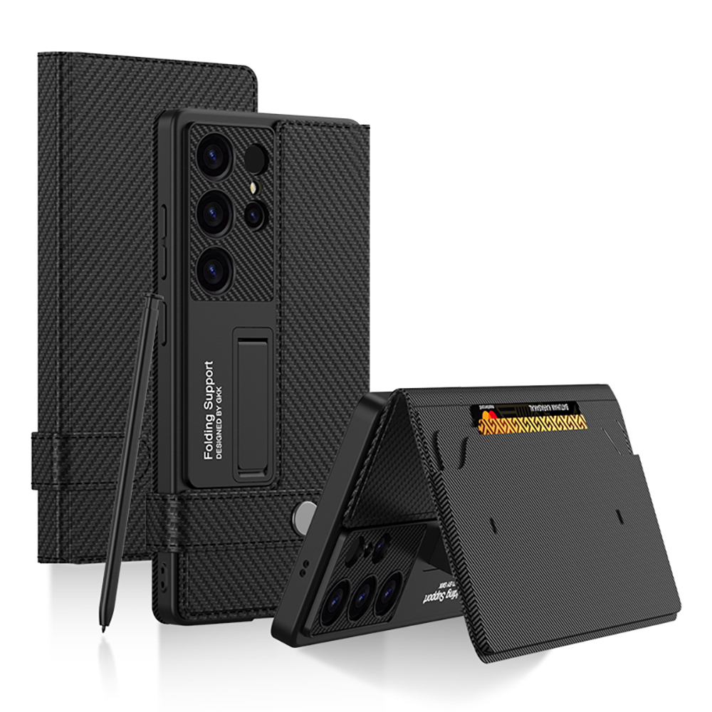 Carbon Fiber Bracket Shockproof Leather Wallet Phone Case For Samsung Galaxy S25/S24/S23 Ultra