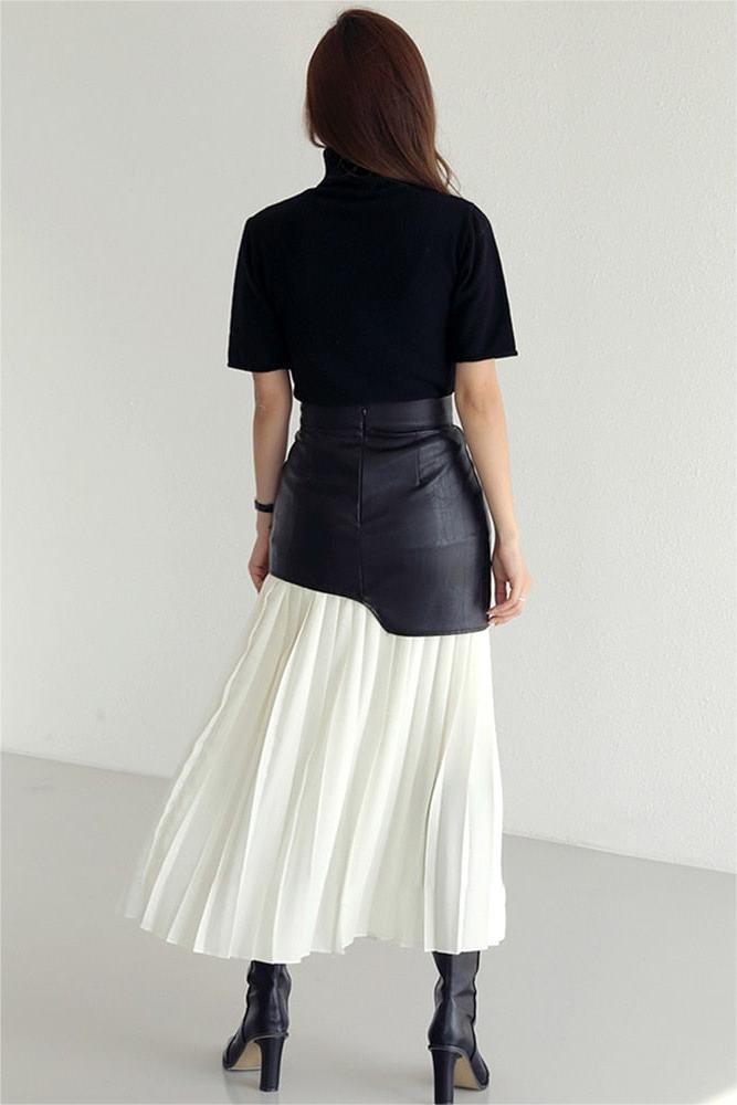 PU Contrast Color Pleated Skirt