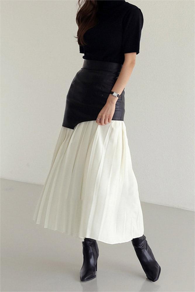 PU Contrast Color Pleated Skirt