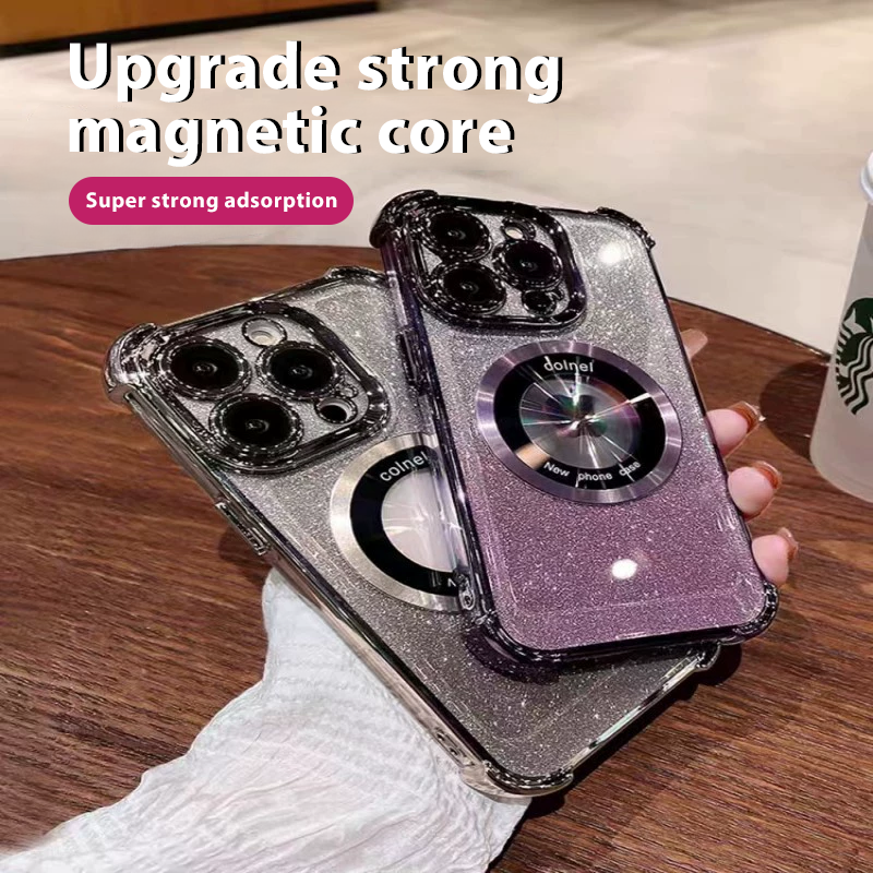 Applicable to iPhone16PRO electroplating four-corner lens film mobile phone case Apple 15 glitter magnetic bracket protective cover