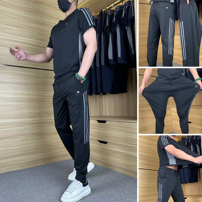 Men's Casual Sports Short Sleeve Long Pants Two-Piece Set