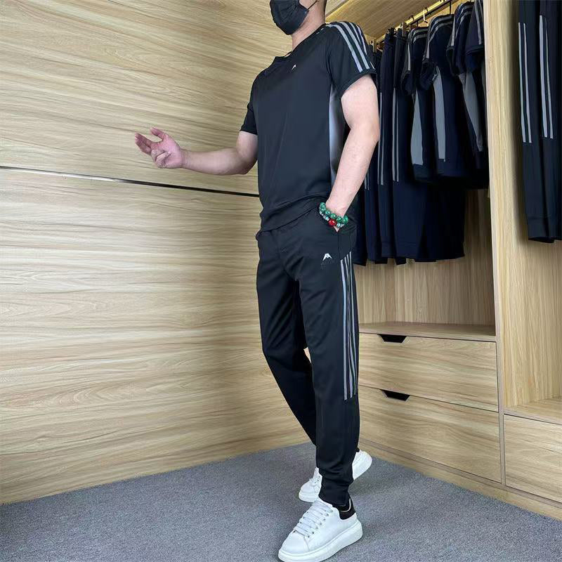 Men's Casual Sports Short Sleeve Long Pants Two-Piece Set