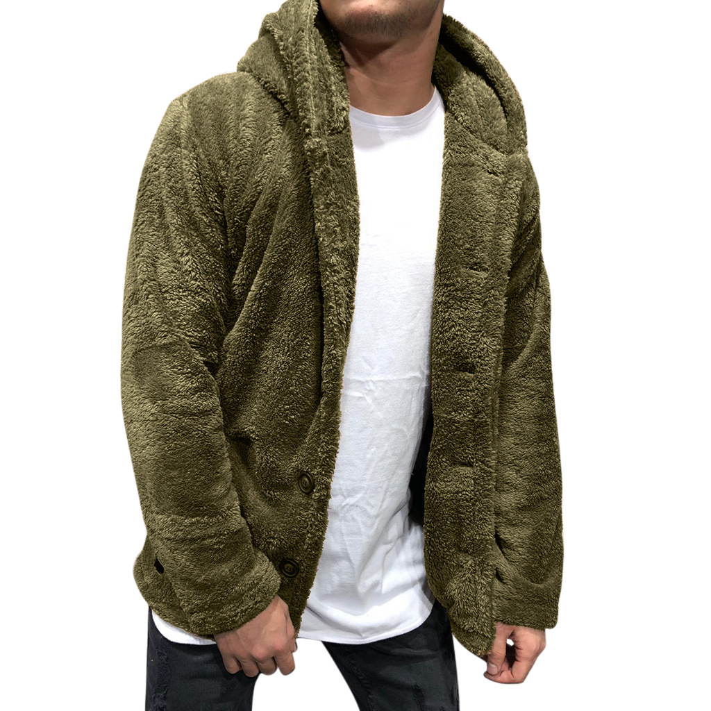 Men's Stylish Solid Button Hooded Reversible Fleece Jacket