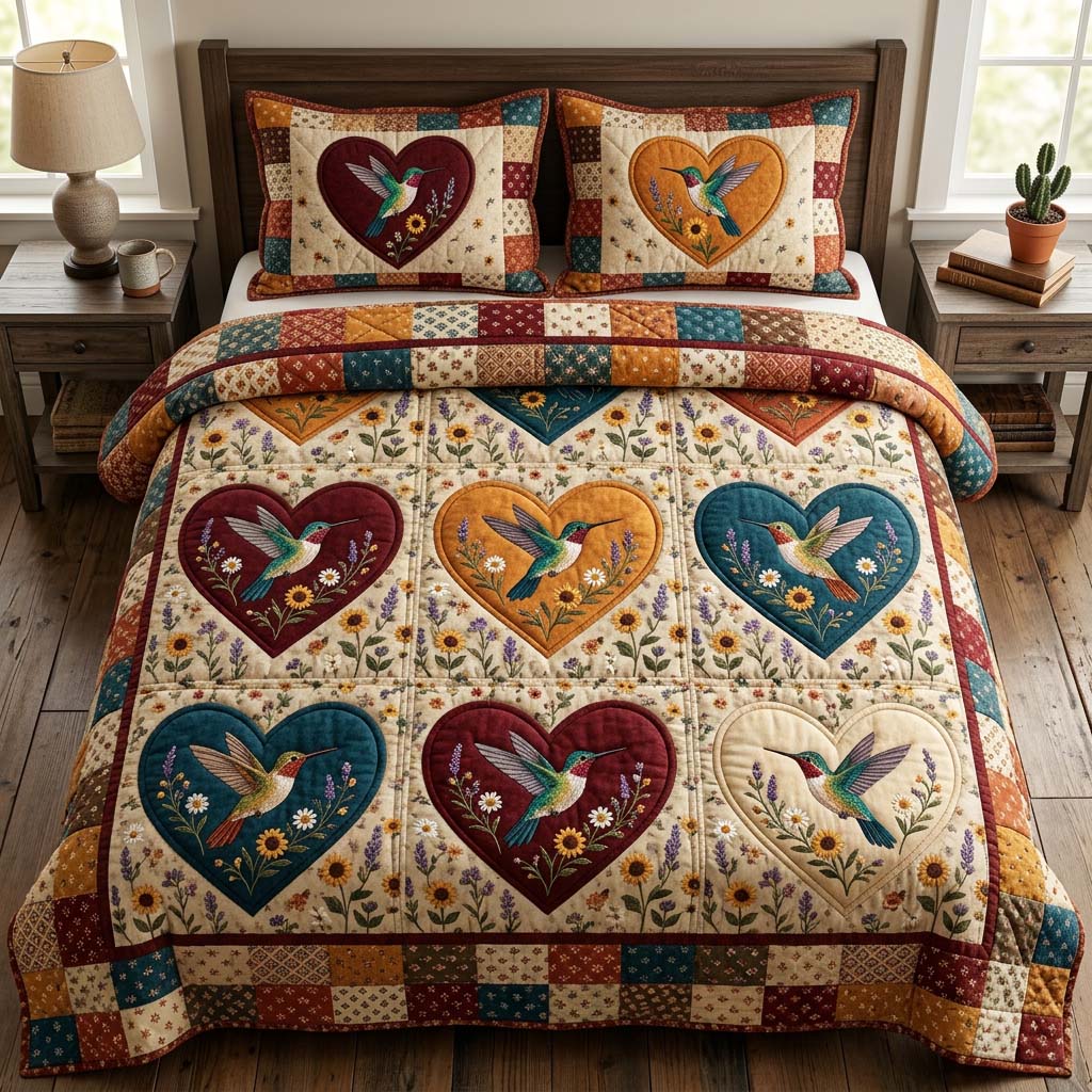 Hummingbird Grace 3-Piece Quilted Bedding Set