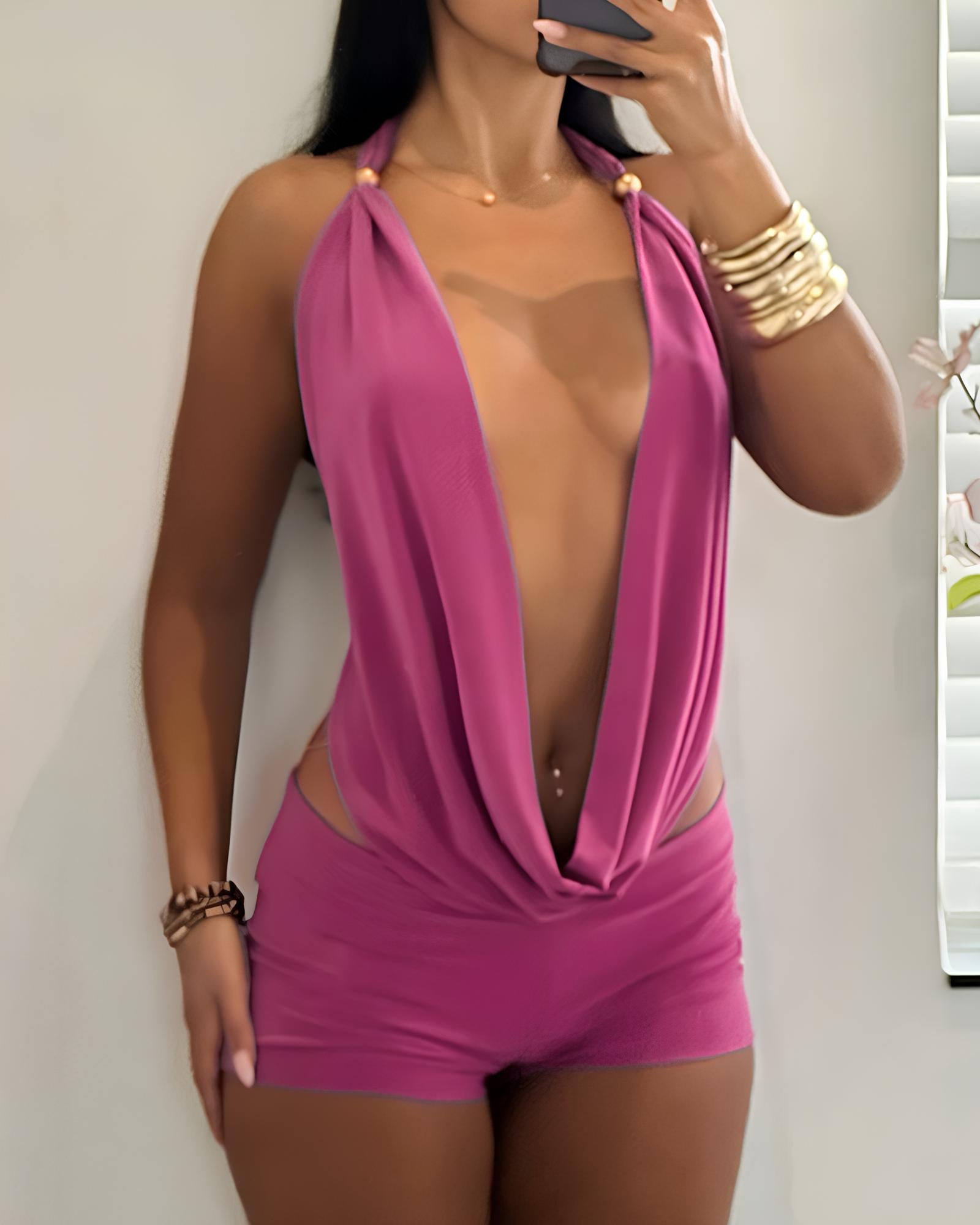 Sexy Halter Neck Backless Strappy Top and Shorts Two-piece Set