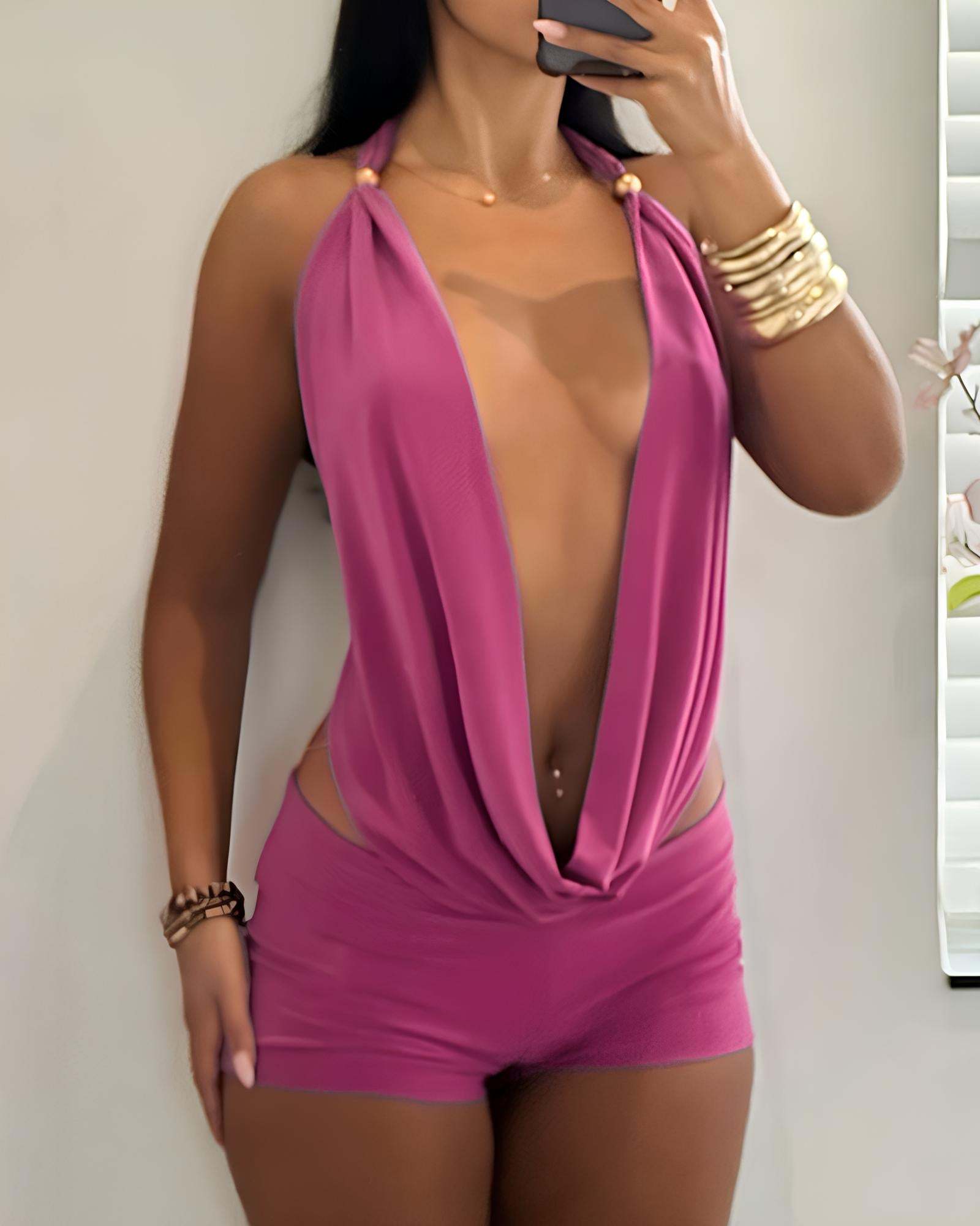 Sexy Halter Neck Backless Strappy Top and Shorts Two-piece Set