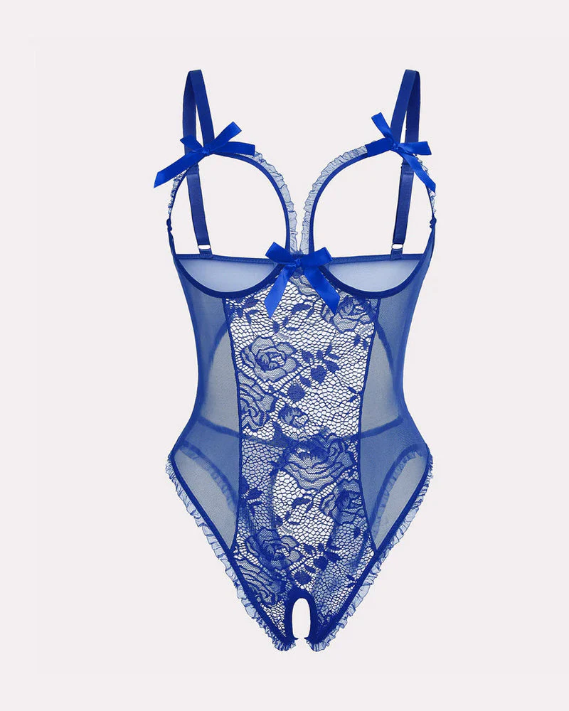 Sexy Flower Lace Mesh Stitching Chest Hollow Open Crotch One-Piece Pajamas