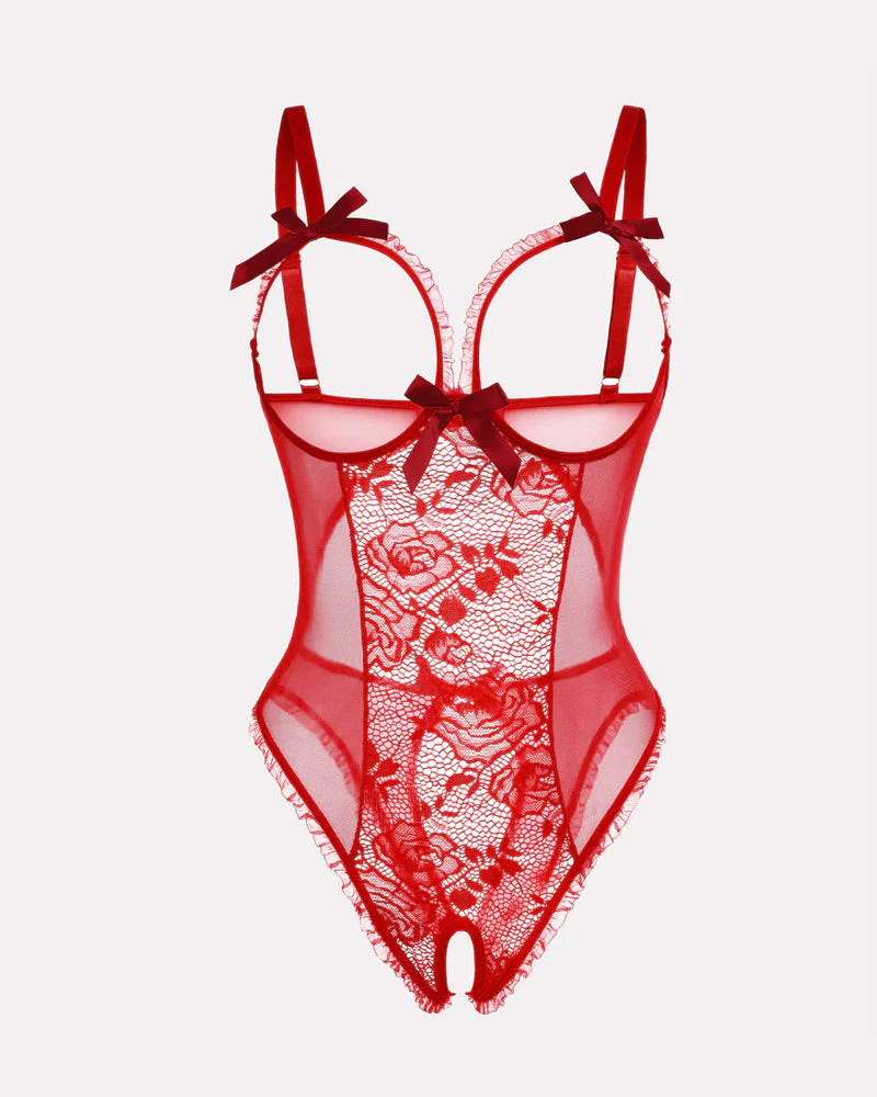 Sexy Flower Lace Mesh Stitching Chest Hollow Open Crotch One-Piece Pajamas