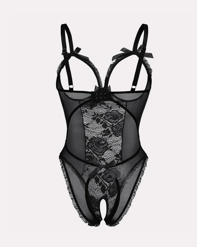 Sexy Flower Lace Mesh Stitching Chest Hollow Open Crotch One-Piece Pajamas