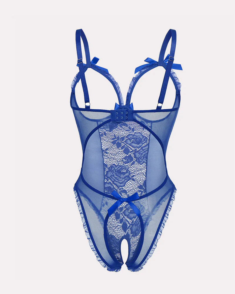 Sexy Flower Lace Mesh Stitching Chest Hollow Open Crotch One-Piece Pajamas