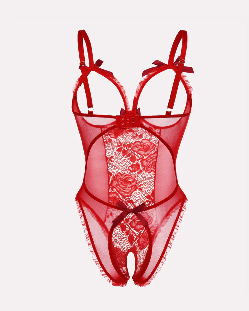 Sexy Flower Lace Mesh Stitching Chest Hollow Open Crotch One-Piece Pajamas