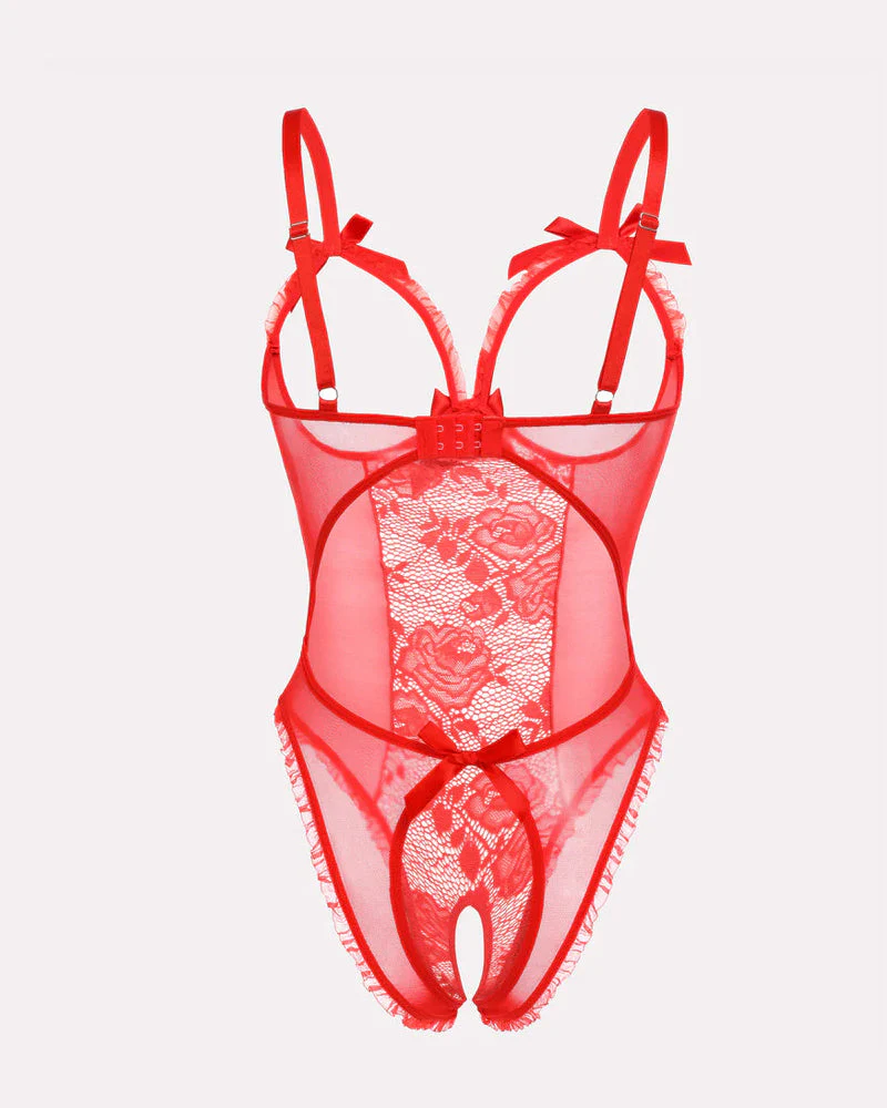 Sexy Flower Lace Mesh Stitching Chest Hollow Open Crotch One-Piece Pajamas