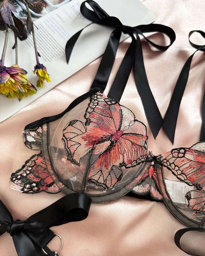 Butterfly Mesh Embroidery See-Through Temptation Sexy Lingerie Set