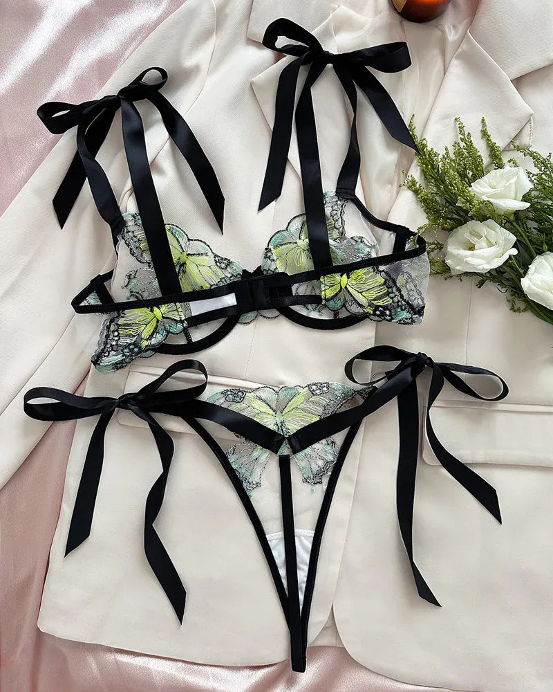 Butterfly Mesh Embroidery See-Through Temptation Sexy Lingerie Set