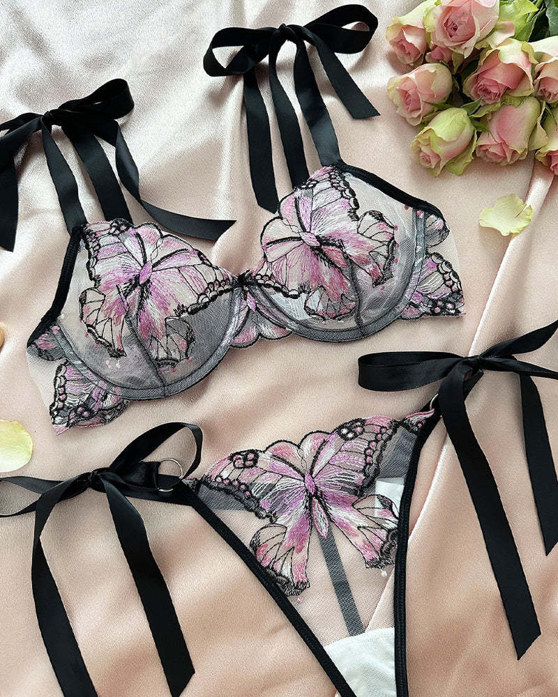 Butterfly Mesh Embroidery See-Through Temptation Sexy Lingerie Set