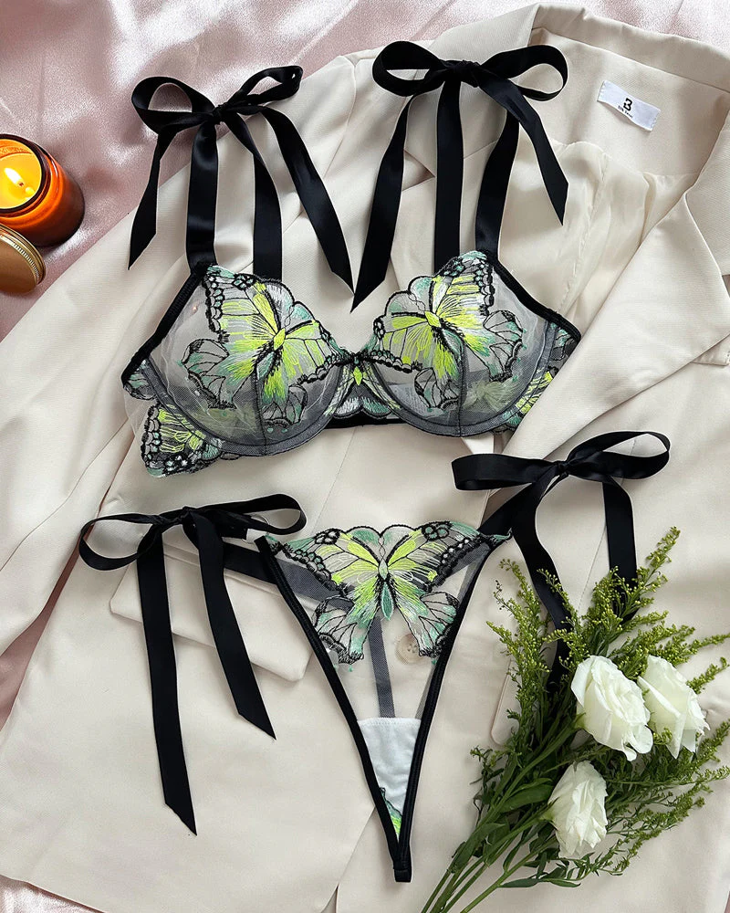 Butterfly Mesh Embroidery See-Through Temptation Sexy Lingerie Set