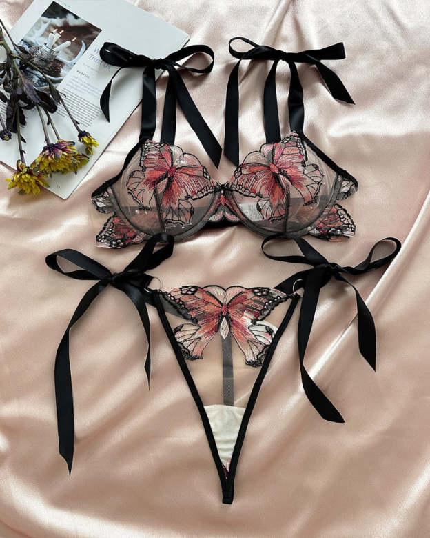 Butterfly Mesh Embroidery See-Through Temptation Sexy Lingerie Set