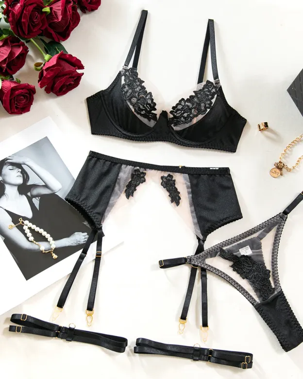 Sexy See-through Mesh Floral Embroidery Patchwork Push-up Bra and Thong Lingerie Set