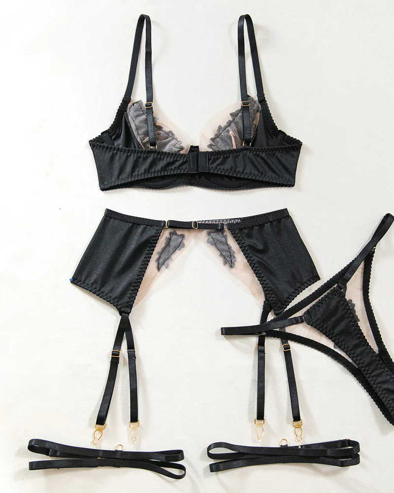 Sexy See-through Mesh Floral Embroidery Patchwork Push-up Bra and Thong Lingerie Set