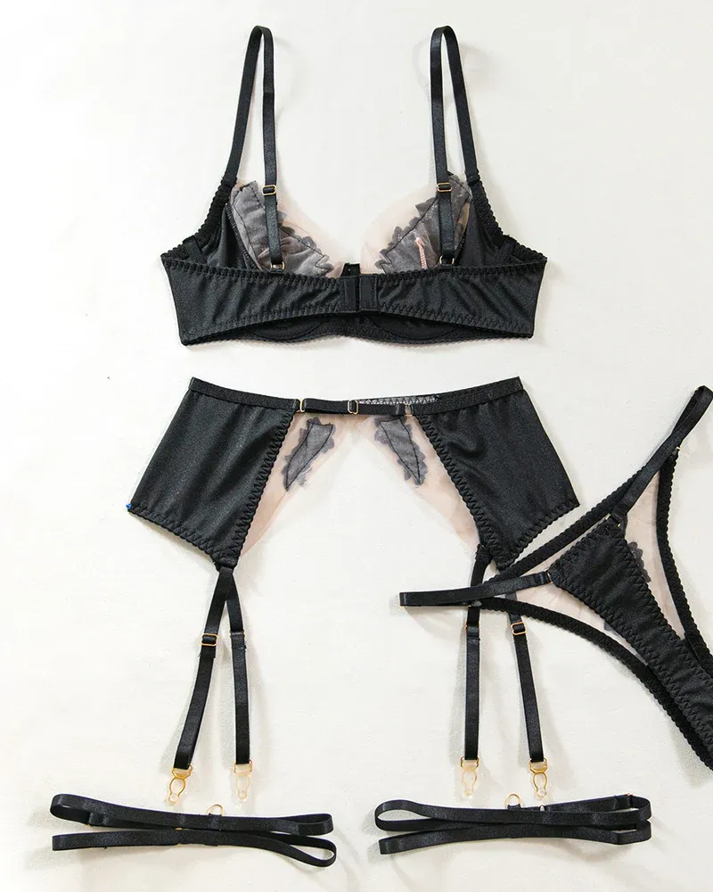 Sexy See-through Mesh Floral Embroidery Patchwork Push-up Bra and Thong Lingerie Set