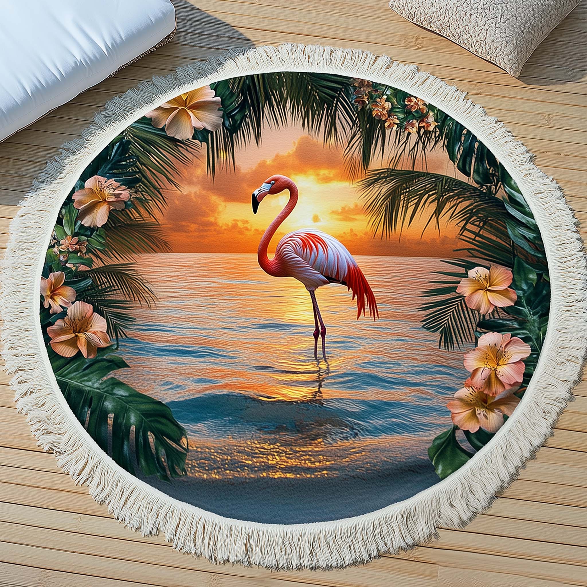 Sunset Flamingo Round Beach Towel