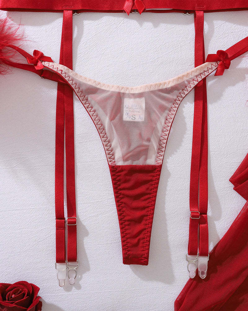 Sexy Bowknot Mesh Panel Bra and Panty Set + Gloves + Stockings