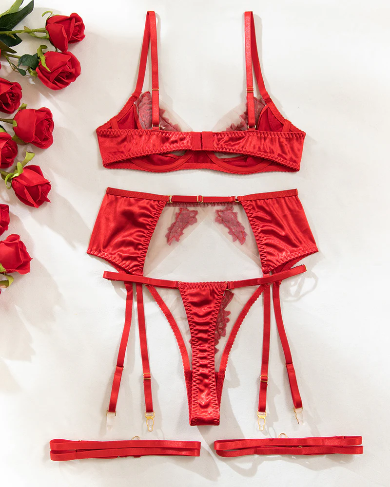 Sexy See-through Mesh Floral Embroidery Patchwork Push-up Bra and Thong Lingerie Set