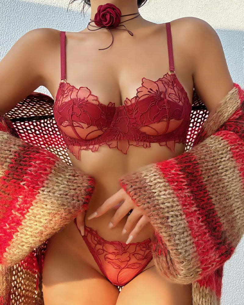 Sexy Floral Embroidered Lace See-through Mesh Bra and Briefs Set