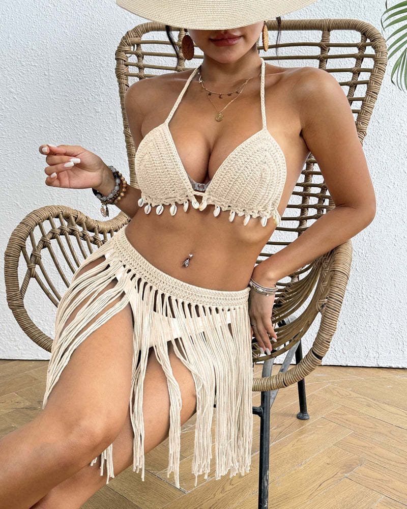 Hand-crocheted Shell-decorated Tassel Skirt and Bikini Top Two-piece Set