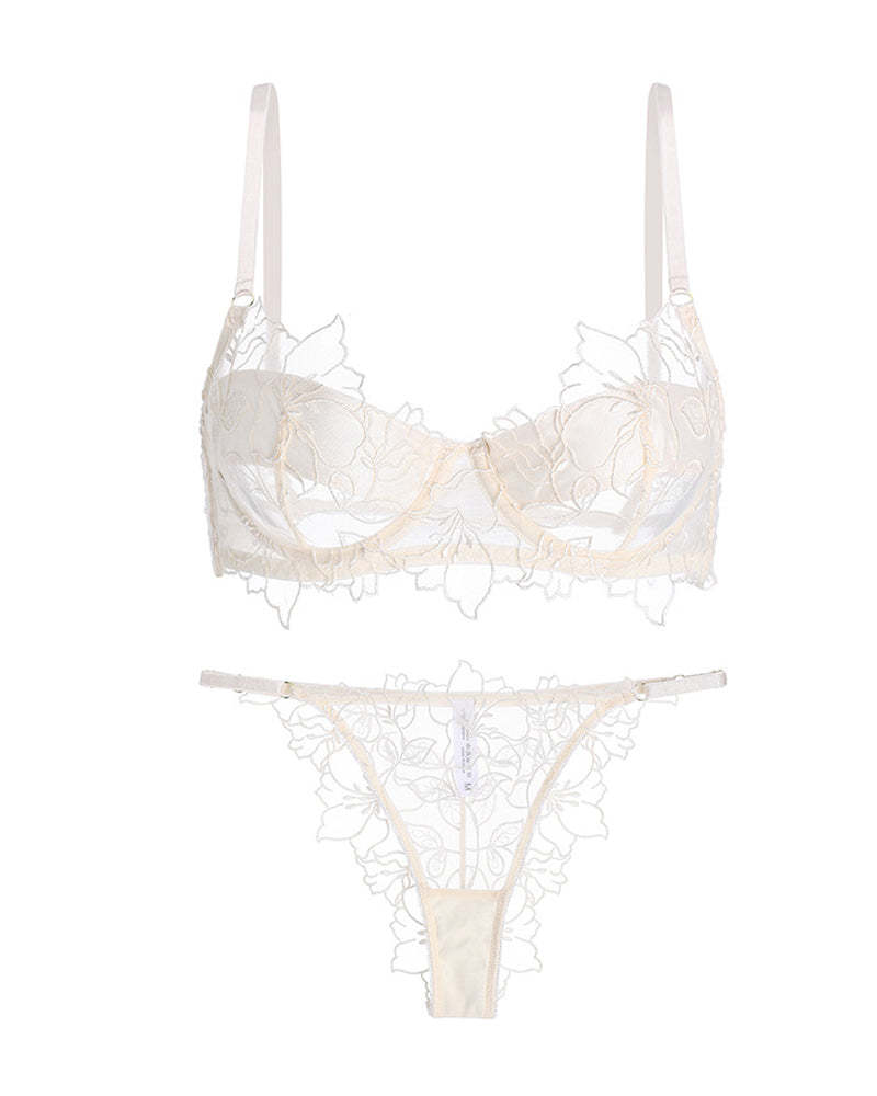 Sexy Floral Embroidered Lace See-through Mesh Bra and Briefs Set