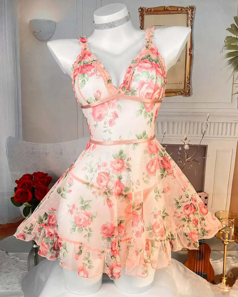 Deep V-neck Floral Print Sheer Mesh Ruffle Camisole Nightgown